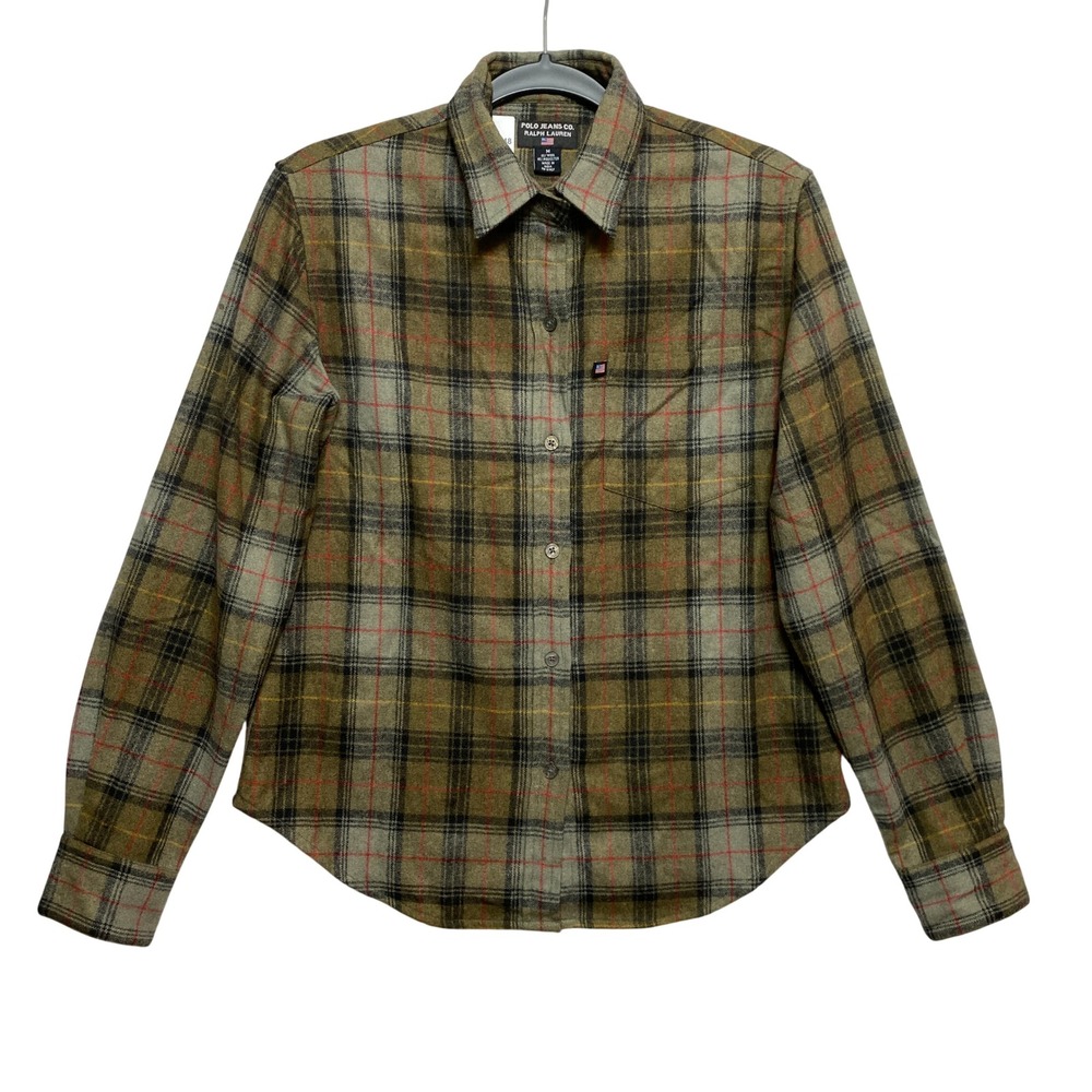 Polo Jeans Co. Wool Shirt Women M Olive Green Plaid Button-Down Long Sleeve